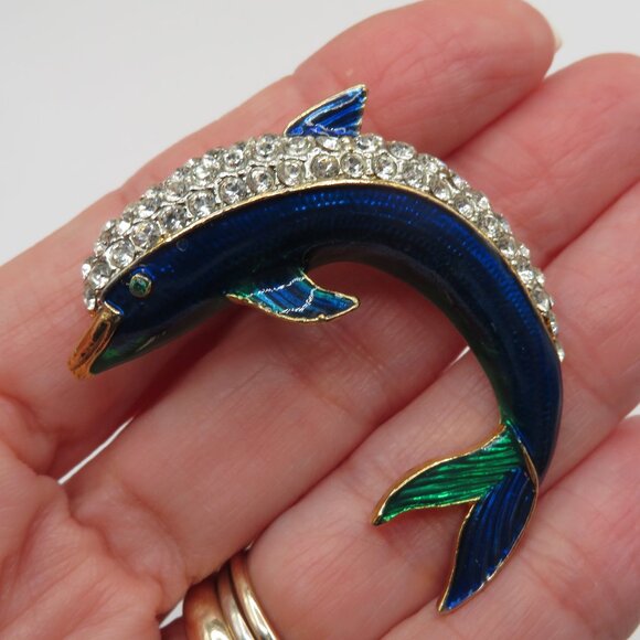 Vintage Dolphin Porpoise Rhinestone Accent Blue Green Enamel Brooch - Picture 2 of 6